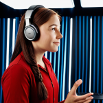 A professional female vocalist, fully clothed in modest studio apparel, stands poised in a state-of-the-art recording studio. She wears a professional headset and sings with focused emotion into a high-quality studio microphone. The environment features subtle sound-absorbing panels and warm, professional lighting. Her posture is natural and confident, embodying the dedication required to create captivating music for children's animation. Perfect anatomy, correct proportions, natural pose, well-formed hands, proper finger count, natural body proportions, professional photography, high quality, safe for work, appropriate content, fully clothed, professional.