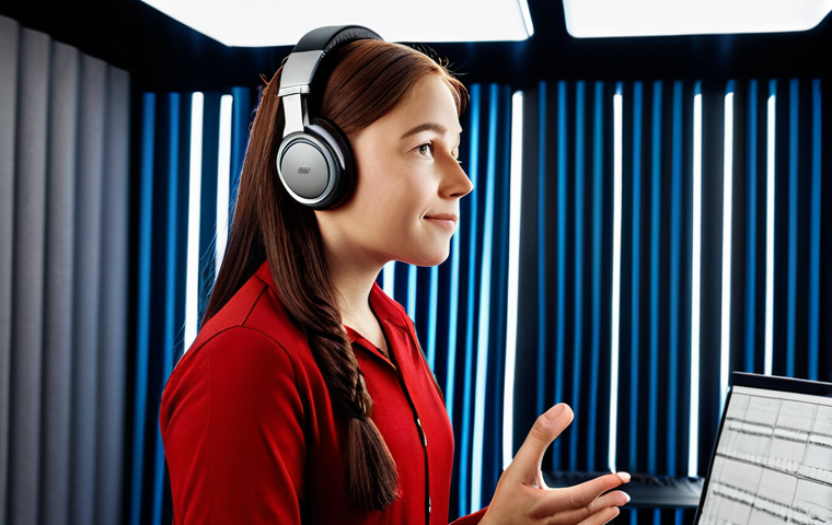 A professional female vocalist, fully clothed in modest studio apparel, stands poised in a state-of-the-art recording studio. She wears a professional headset and sings with focused emotion into a high-quality studio microphone. The environment features subtle sound-absorbing panels and warm, professional lighting. Her posture is natural and confident, embodying the dedication required to create captivating music for children's animation. Perfect anatomy, correct proportions, natural pose, well-formed hands, proper finger count, natural body proportions, professional photography, high quality, safe for work, appropriate content, fully clothed, professional.
